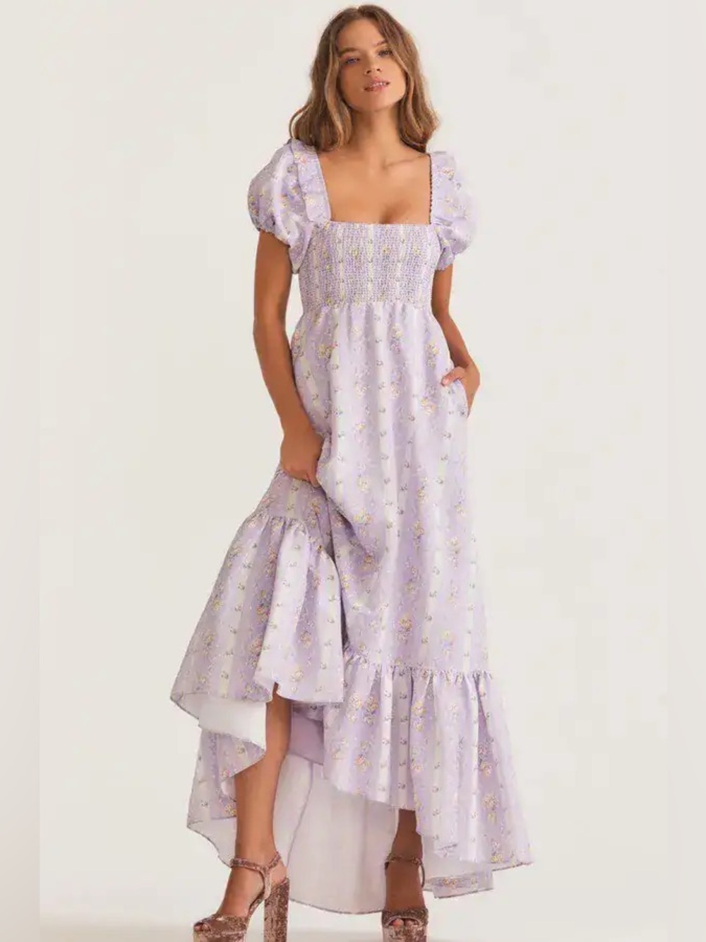 LoveShackFancy Lavender Floral High-Low Maxi Dress